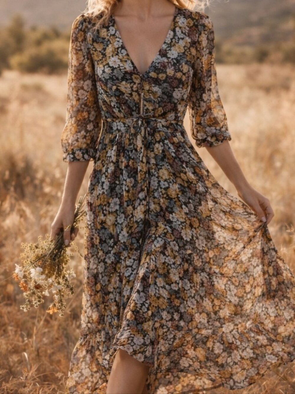 Abercrombie Floral Tie-Front Midi Dress XS Black